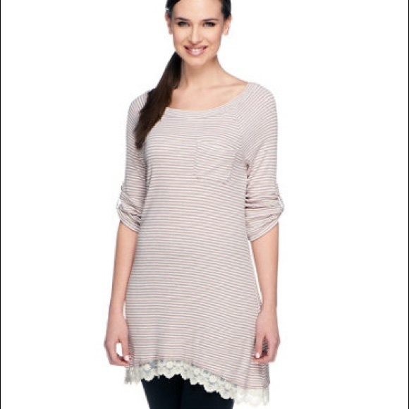 LOGO by Lori Goldstein Tops - LOGO Tunic Raglan Tab Sleeve Lace Striped Top Smal